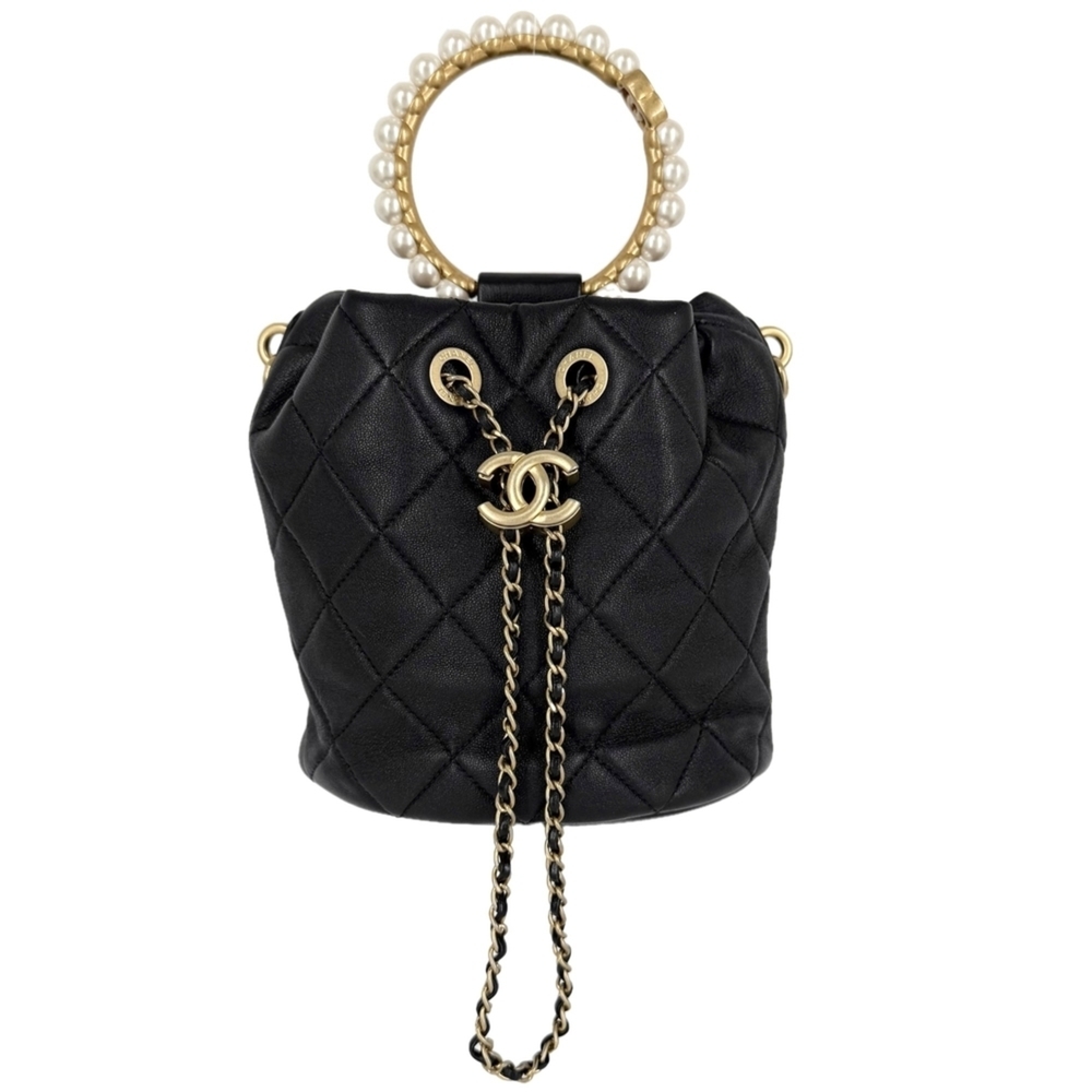 Chanel handbag for women, Coco Mark Matelassé bucket bag, pearl handle, lambs...